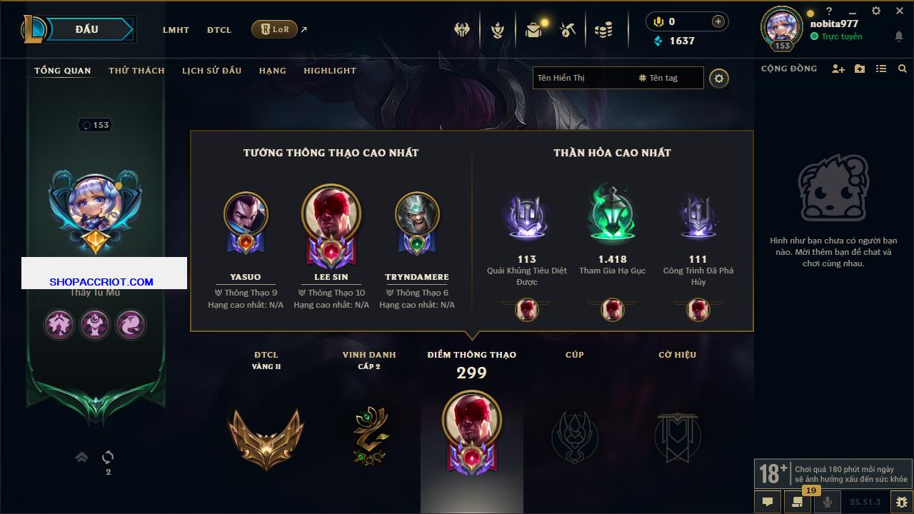 Acc Liên Minh Huyền Thoại/Đấu Trường Chân lý mã số 6544